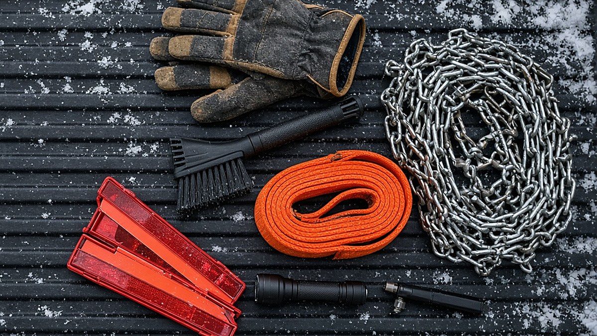 Winter towing kit on a snowy truck bed: work gloves, an orange tow strap, tire chains and reflective warning triangles