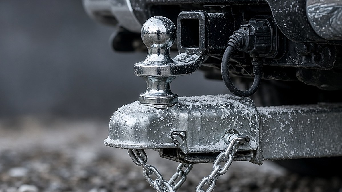 Close-up of a frost-covered ball hitch and safety chains on a pickup's rear receiver