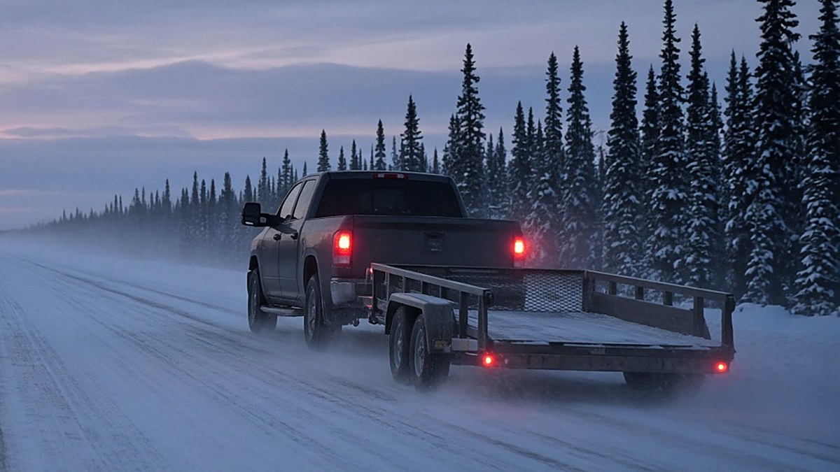 Pickup towing a flatbed utility trailer along a snowy highway at dusk, tail lights glowing